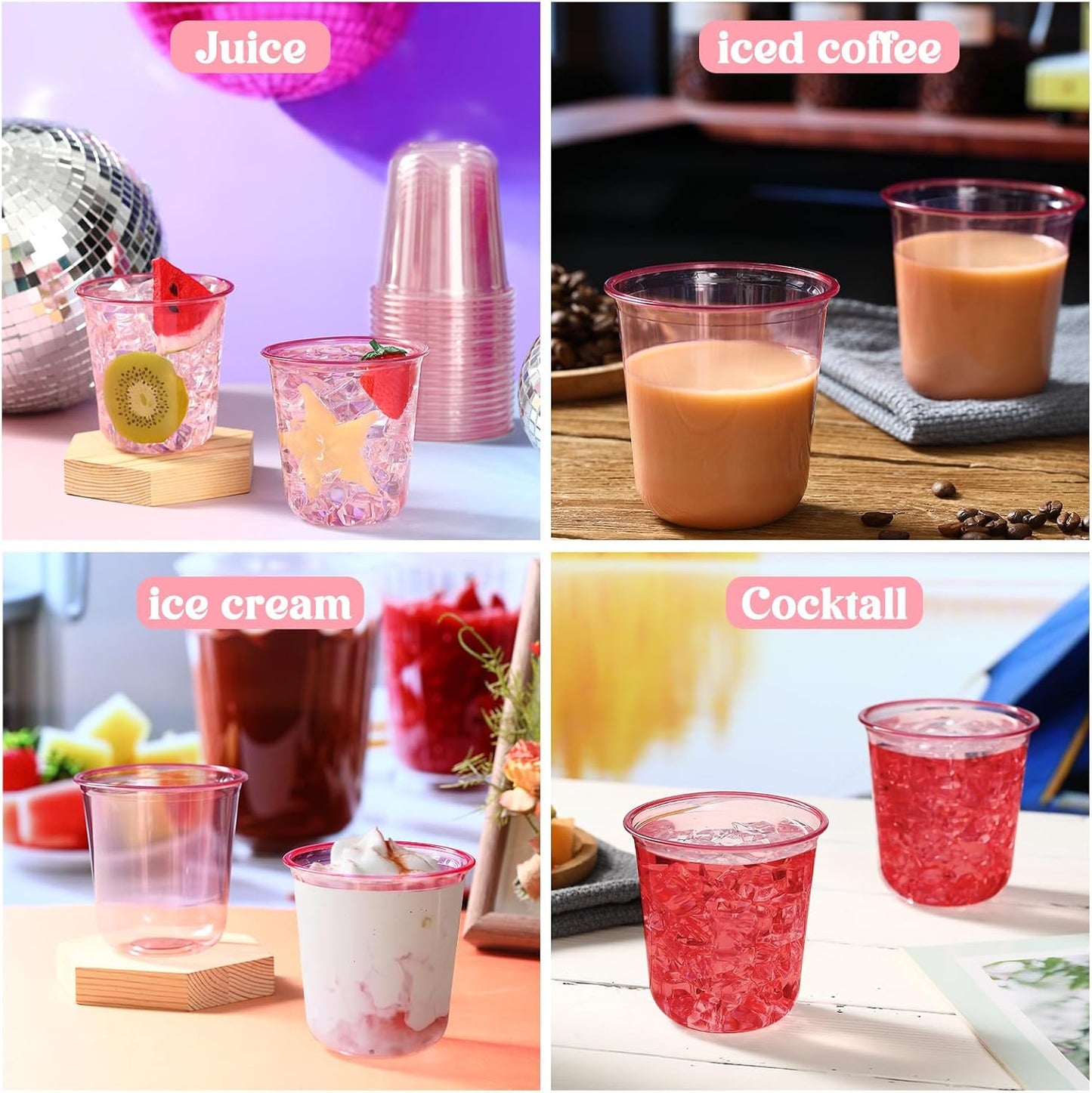 Ziliny 50 Pcs Disposable Stemless Glasses 12oz Crystal Plastic Wine Glasses Clear Classic Pet Cup for Meeting Weddings Birthdays Cocktail Christmas Party Supplies (Pink)