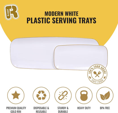 R-kay 4 Pack White Plastic Serving Trays for Party - White Serving Tray 17 by 6.5 in - Rectangular Heavy Duty Dessert Trays for Food
