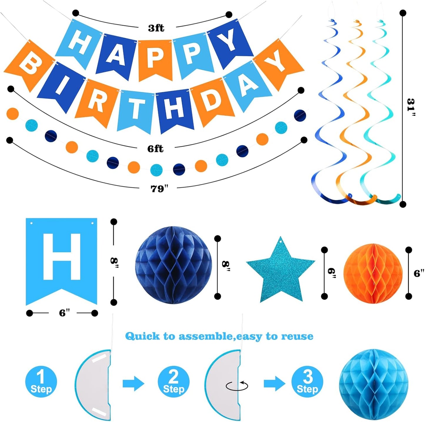 meowtastic Birthday Decorations, Happy Birthday Banner with Honeycomb Balls, Stars Hanging Swirl Streamers, Circle Dots Garland, Happy Birthday Party Decorations for Women Men Boys Girls (Blue)