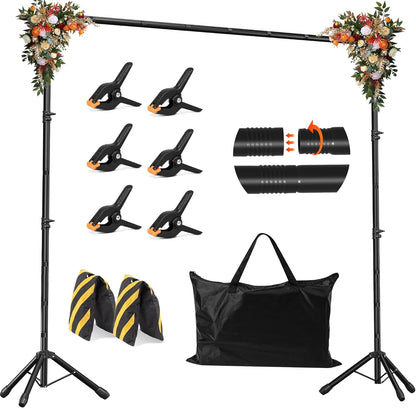 Backdrop Stand, Adjustable 10x7.5 FT Background Stand Backdrop for Parties, Photo Video Studio, Portable Photography Backdrop Stand with Carrying Bag, 6 Backdrop Clamps, and 2 Stand Bags