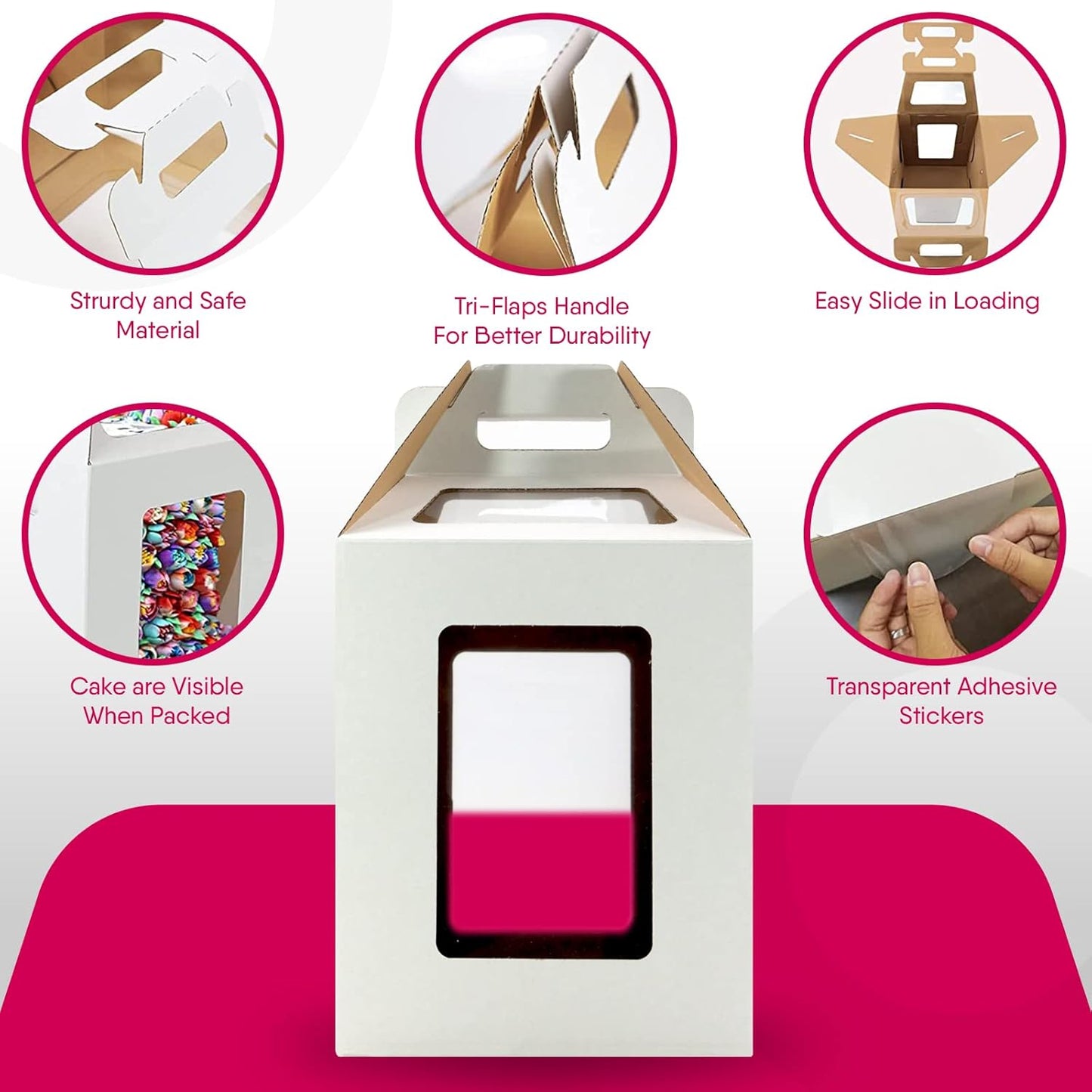 4 Pack Tri-Handle Tall Cake Boxes With Windows In 2 Sizes 10x10x12 & 12x12x14 + 4 Cake Boards 10" & 12", Bakery Caddy Carrier Container With Handle Ideal for 12" & 14" Tiered Cakes