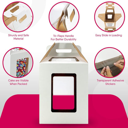 4 Pack Tri-Handle Tall Cake Boxes With Windows In 2 Sizes 10x10x12 & 12x12x14 + 4 Cake Boards 10" & 12", Bakery Caddy Carrier Container With Handle Ideal for 12" & 14" Tiered Cakes