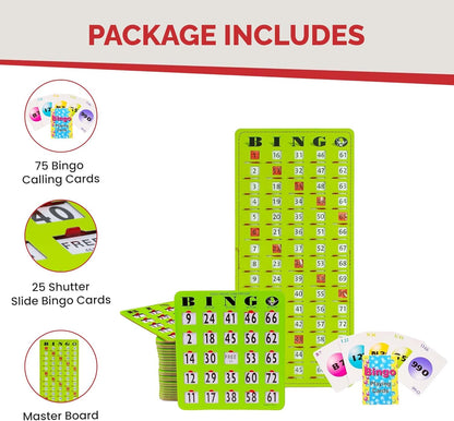 MR CHIPS Jam-Proof Bingo Cards with Sliding Windows, 25 Reusable Shutter Cards, 75 Calling Cards 1 Master Board in Tan Woodgrain Style