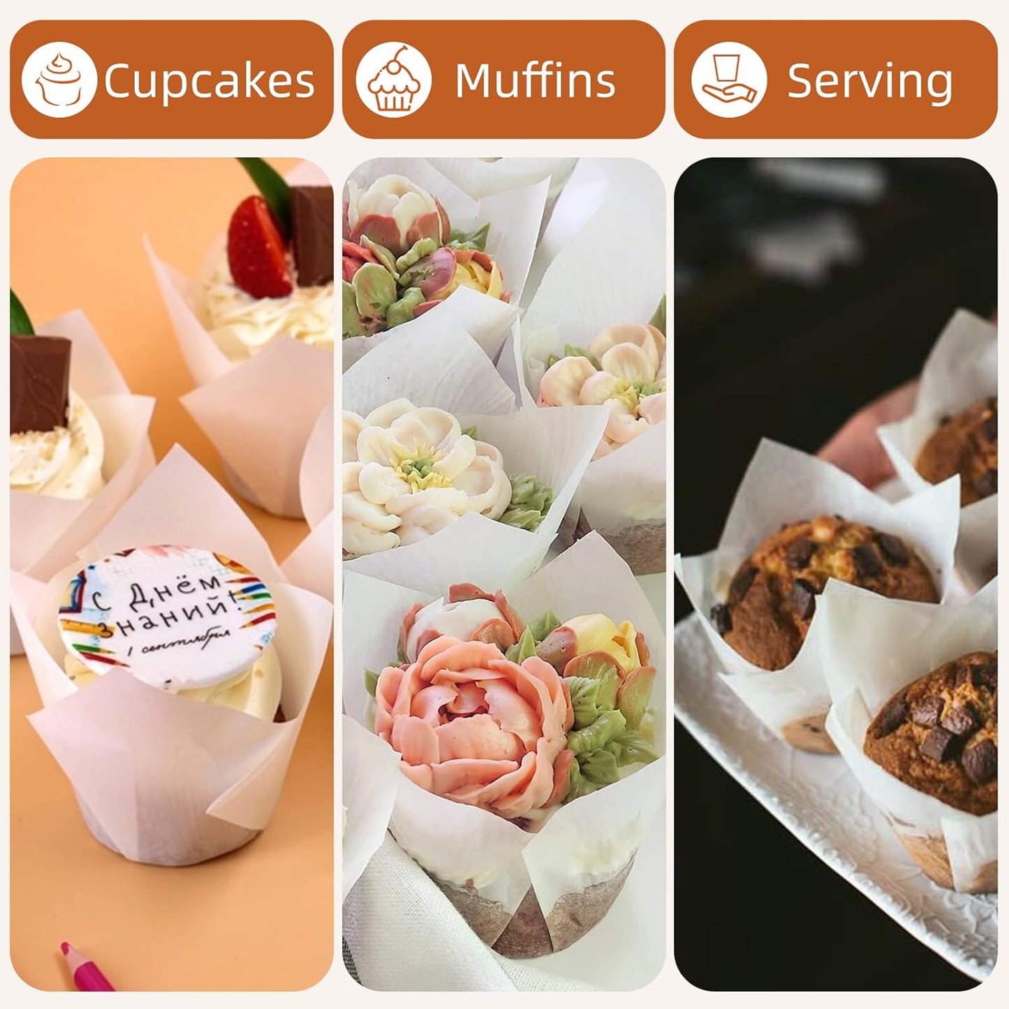 200pcs Tulip Cupcake Liners, Premium Muffin Liners Holders for Baking Cups, Greaseproof Cupcake Wrappers in Standard Size, Classic Parchment Paper Cupcakes Liner for Party, Christmas by JIRNGLA