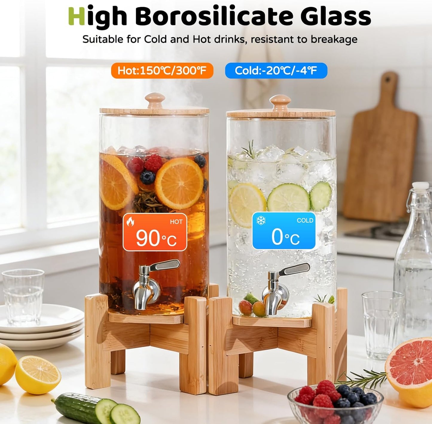 MOBYKE 2 PCS 1.1 Gallon Drink dispenser, Large Water Glass Beverage Dispenser With Wood Stand for Parties With Stainless Steel Spigot, Ideal for Lemonade,Juice, Tea, and Party Drinks