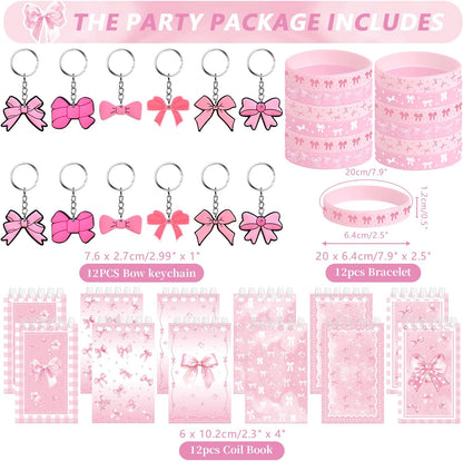 122PCS Pink Bow Party Favors - 50 Stickers, 12 Keychain, 12 Button Badges, 12 Mini Notepads, 12 Slap Bracelets, 12 Rubber Bracelets, 12 Goodie Bags for Girls for Coquette Birthday Decorations