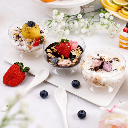 supernal 100pcs Square Plastic Dessert Cups (4oz) with 100pcs Mini Gold Spoons, Plastic Parfait Appetizer Cup, Medium Clear Dessert Cups Perfect for Cakes, Ice Cream, Desserts Appetizers