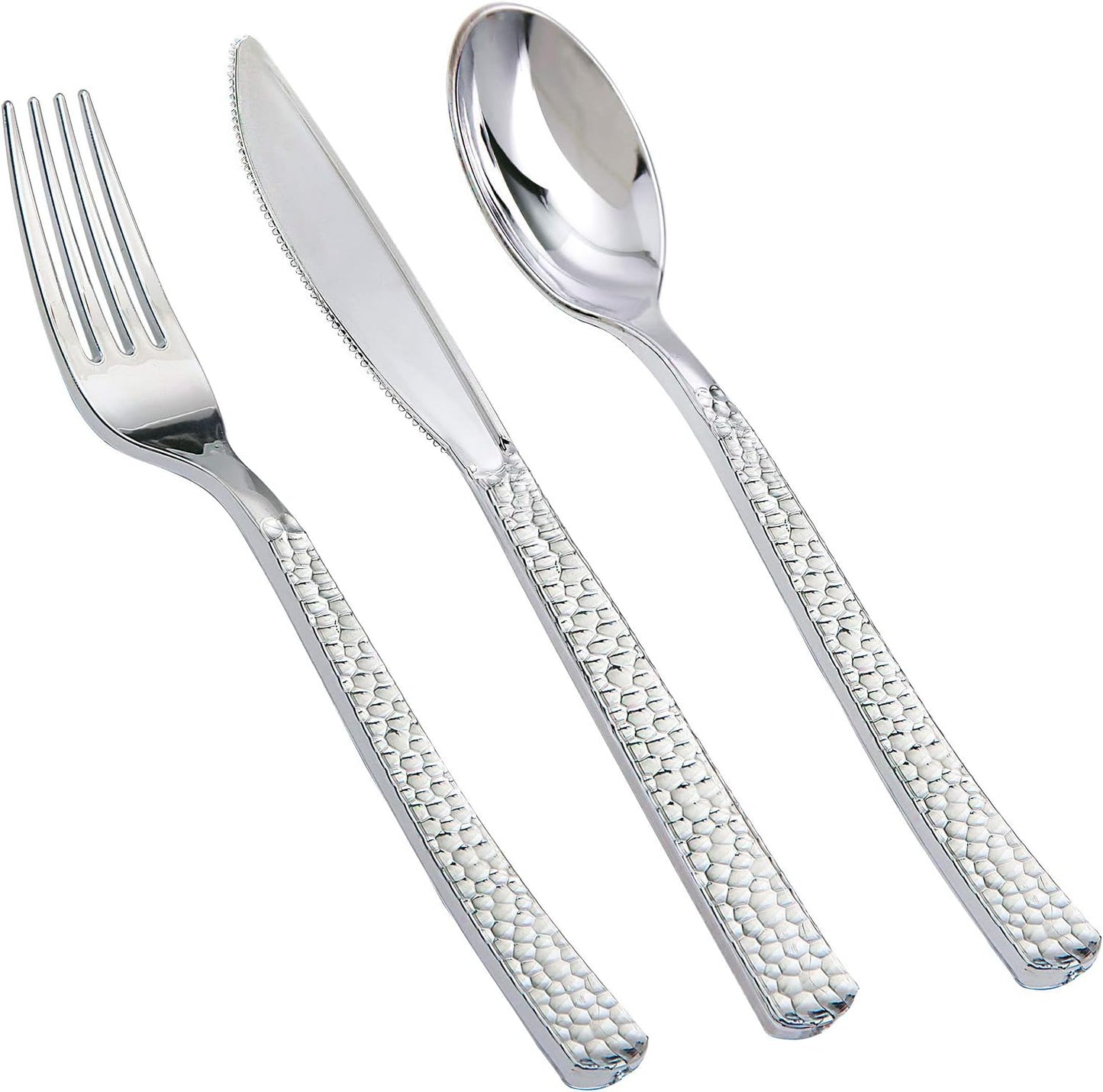 Supernal 180Pcs Silver Plastic Silverware Set, Elegant Hammered Design Heavy Duty Disposable Cutlery, Includes 60 Forks, 60 Knives, 60 Spoons,Silver Plastic Utensils for Wedding, Parties,Events