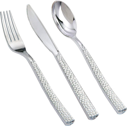 Supernal 180Pcs Silver Plastic Silverware Set, Elegant Hammered Design Heavy Duty Disposable Cutlery, Includes 60 Forks, 60 Knives, 60 Spoons,Silver Plastic Utensils for Wedding, Parties,Events