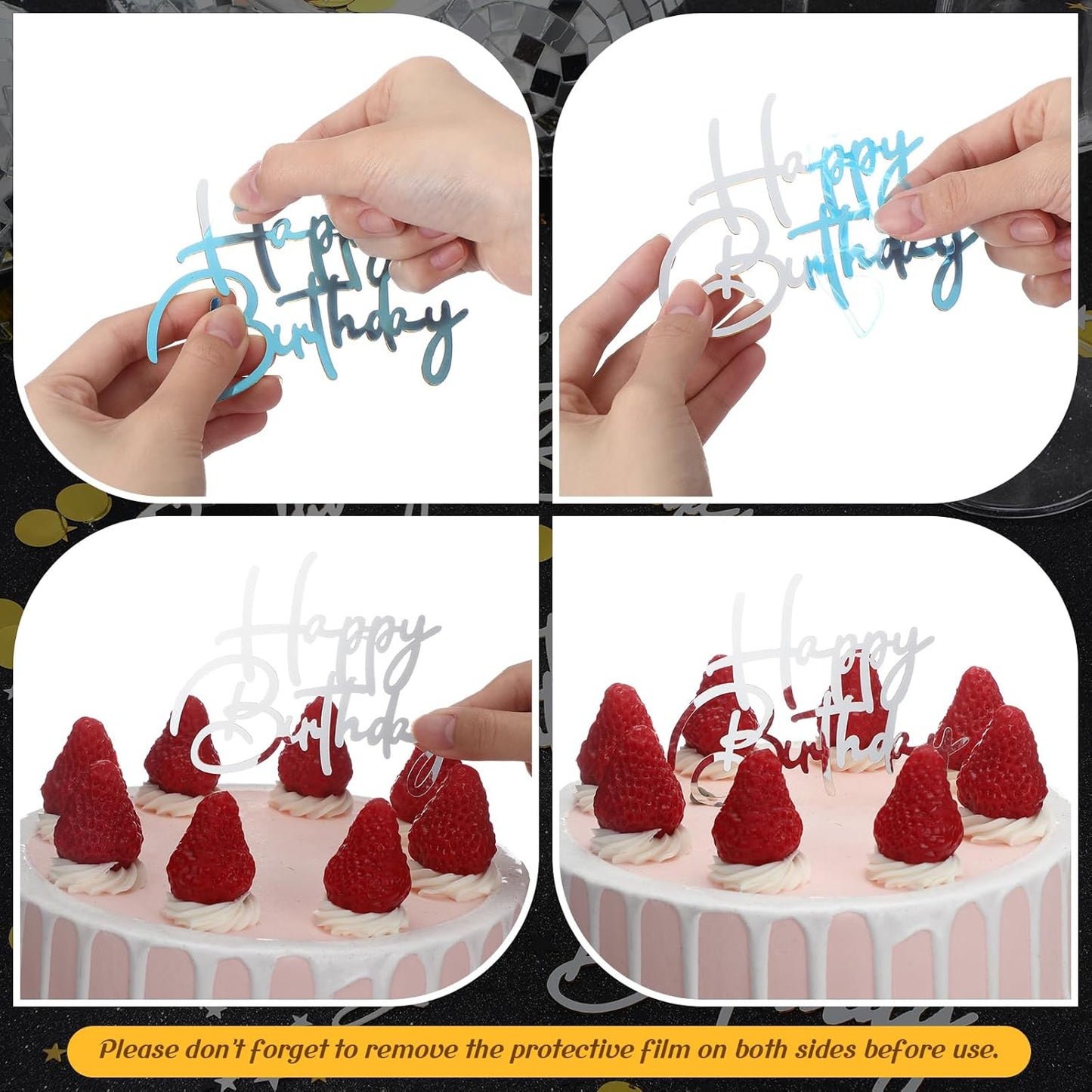Barydat 24 Pieces Gold Happy Birthday Cake Toppers Mirror Acrylic Cupcake Topper Happy Birthday Sign for Cake Side Cupcake Decorations, 6 Styles