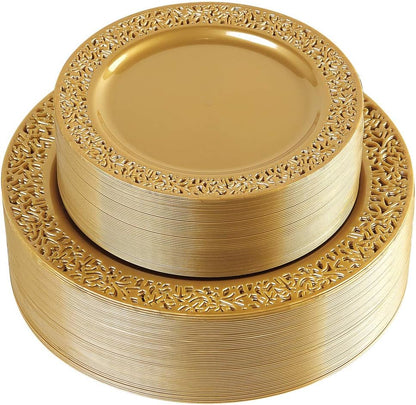 I00000 102 Pieces Gold Plastic Plates, Disposable Party Plates White Gold Rim, 51 Disposable Gold Dinner Plates 10.25 Inch and 51 Disposable Dessert Appetizer Elegant Fancy Wedding Plates 7.5 Inch