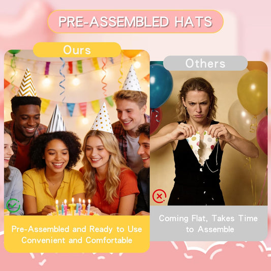 CANREVEL 24 PCS Pre-Assembled Party Hats for Adults, Party Decorations Supply Headwear Celebration for Women Men