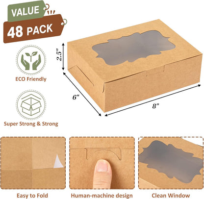 TOMNK 12pcs 8x6x2.5 Inches Brown Bakery Boxes with Window, Cookie Boxes for Chocolate Strawberries, Donuts, Cupcakes, Muffins and Dessert