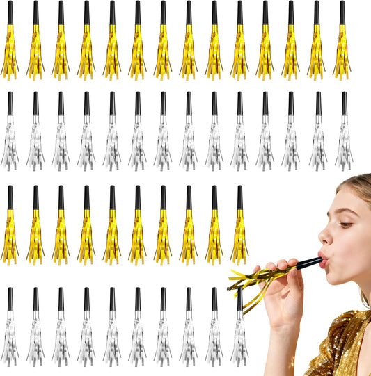 48-Pack Gold & Silver Party Blowers | 24 Gold & 24 Silver Glitter Noise Makers with Metallic Fringe for New Years Eve, Birthday, Sports Games, Adult Party Favors & Supplies