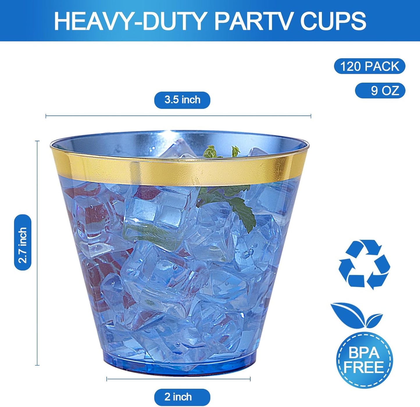 Nervure 120PCS Gold Plastic Cups - 9Oz Gold Rimmed Plastic Cups - Heavy Duty Disposable Clear Cup with Gold Rim Perfect for Weddings, Receptions & Parties