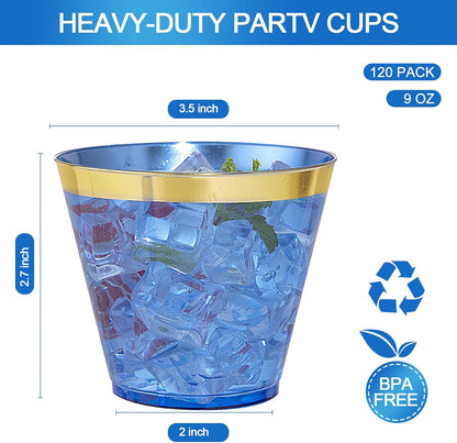 Nervure 120PCS Gold Plastic Cups - 9Oz Gold Rimmed Plastic Cups - Heavy Duty Disposable Clear Cup with Gold Rim Perfect for Weddings, Receptions & Parties