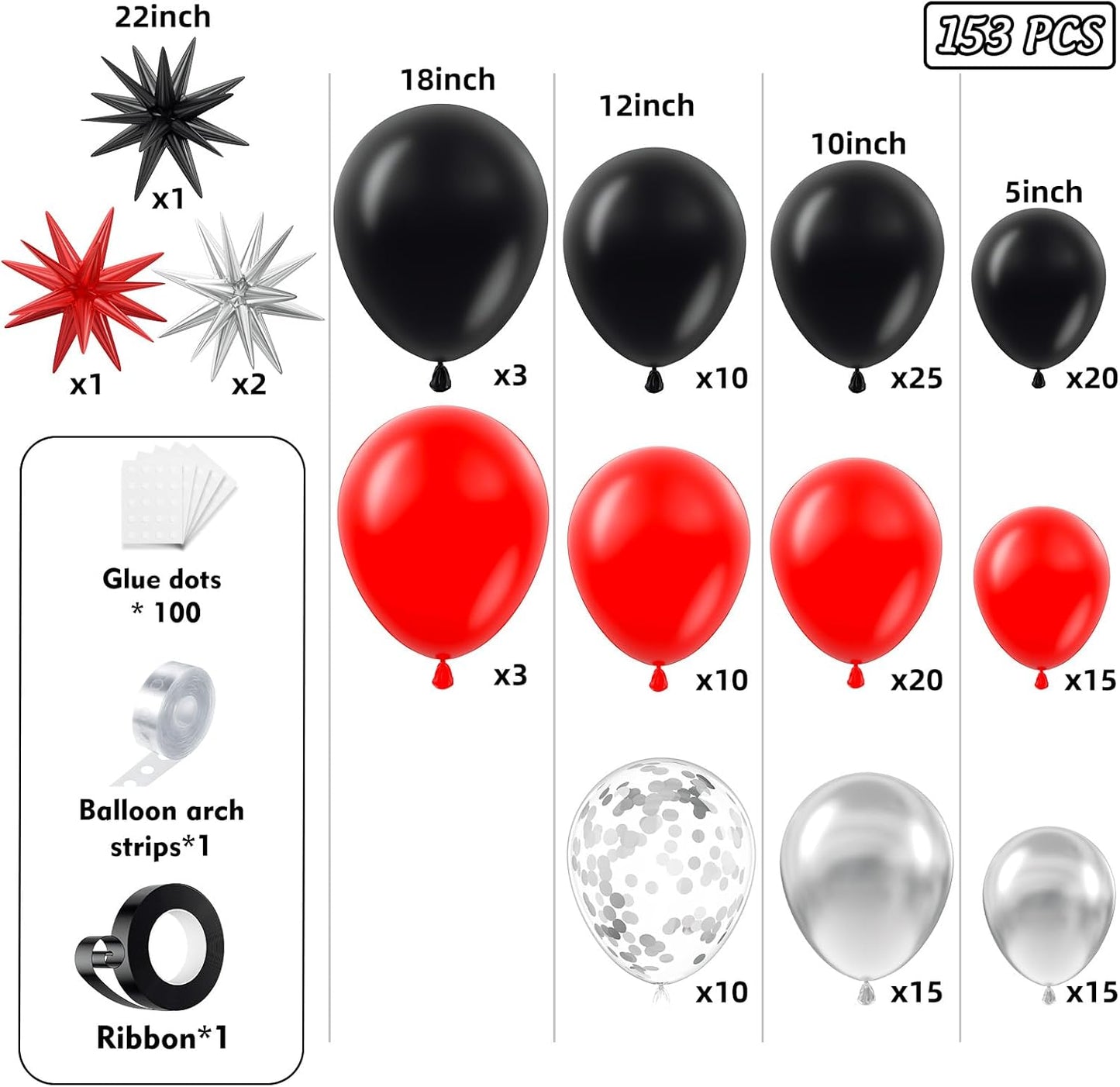 153Pcs Black and Silver White Balloon Garland Arch Kit with Stars, 22 18 12 10 5 inch Disco Ball Balloons Black White Metallic Silver Confetti Balloon for Birthday Graduation Party Decorations