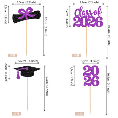 36 PCS 2026 Graduation Theme Cupcake Toppers Glitter Class of 2026 Grad Cap Diploma Cupcake Picks 2026 Graduation Theme Party Cake Decorations Supplies Deep Blue