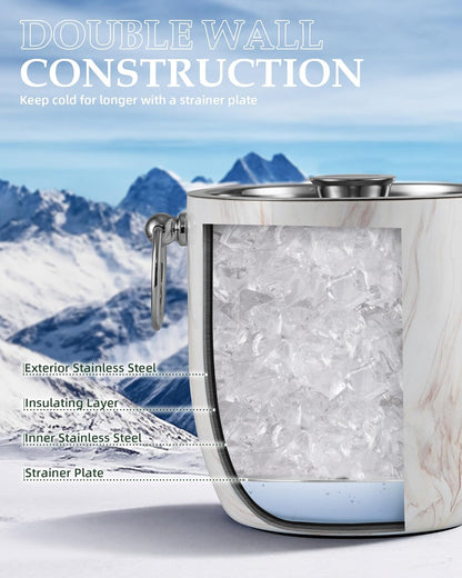 Insulated Ice Bucket, 3L Double Wall Stainless Steel Ice Bucket with Tongs,Lid, Scoop and Strainer, Ice Buckets for Parties,Cocktail Bars, Chilling Beer, Champagne, Wine Bottles,Wood