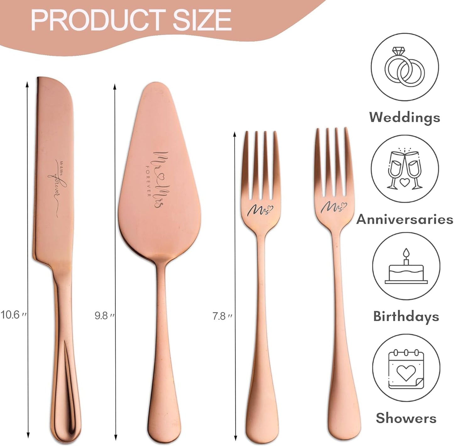 4 Pieces Wedding Cake Knife and Server Set, Stainless Steel Mr and Mrs Cake Cutter and Forks for Wedding, Birthday, Bridal Shower Gifts for Couples (Rose Gold)