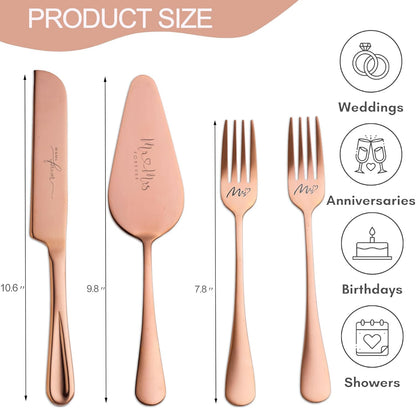 4 Pieces Wedding Cake Knife and Server Set, Stainless Steel Mr and Mrs Cake Cutter and Forks for Wedding, Birthday, Bridal Shower Gifts for Couples (Rose Gold)