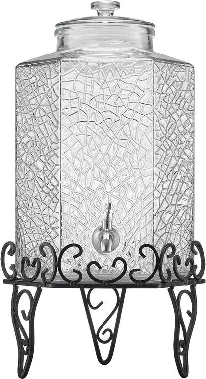 VEVOR Beverage Dispenser, 2.5 Gallon Drink Dispensers for Parties, Glass Juice Dispenser with Metal Stand, Stainless Steel Spigot, Iced Tea Lemonade Juice Water Dispensers for Parties