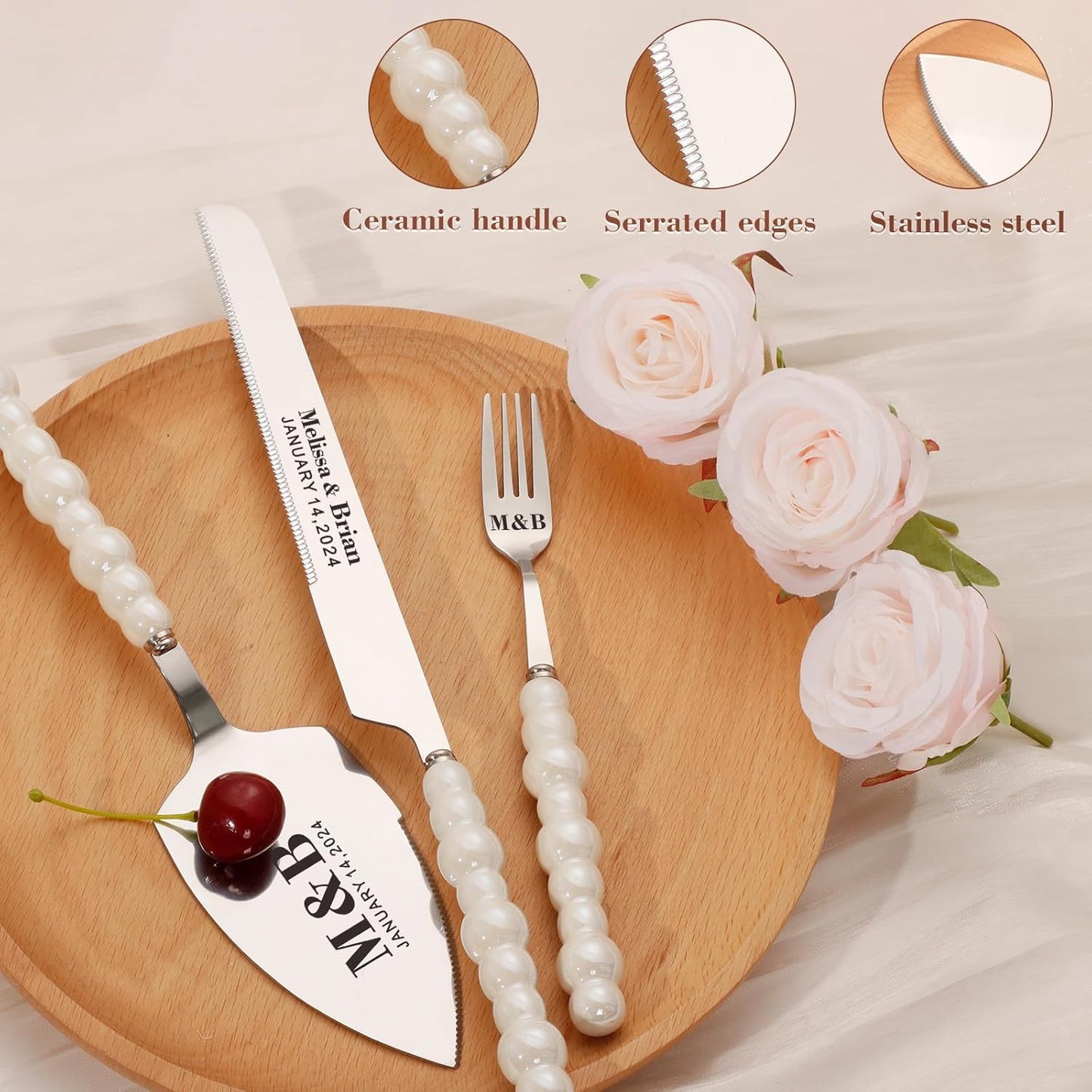 Pearl Wedding Cake Knife and Server Set with Forks, Cake Cutting Set with Stainless Steel Serrated Edges, Silver Pie Cutter Pizza Spatula, Gift for Bridal Couples Engagement (Mr & Mrs)