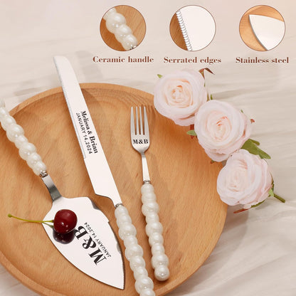Pearl Wedding Cake Knife and Server Set with Forks, Cake Cutting Set with Stainless Steel Serrated Edges, Silver Pie Cutter Pizza Spatula, Gift for Bridal Couples Engagement (Mr & Mrs)