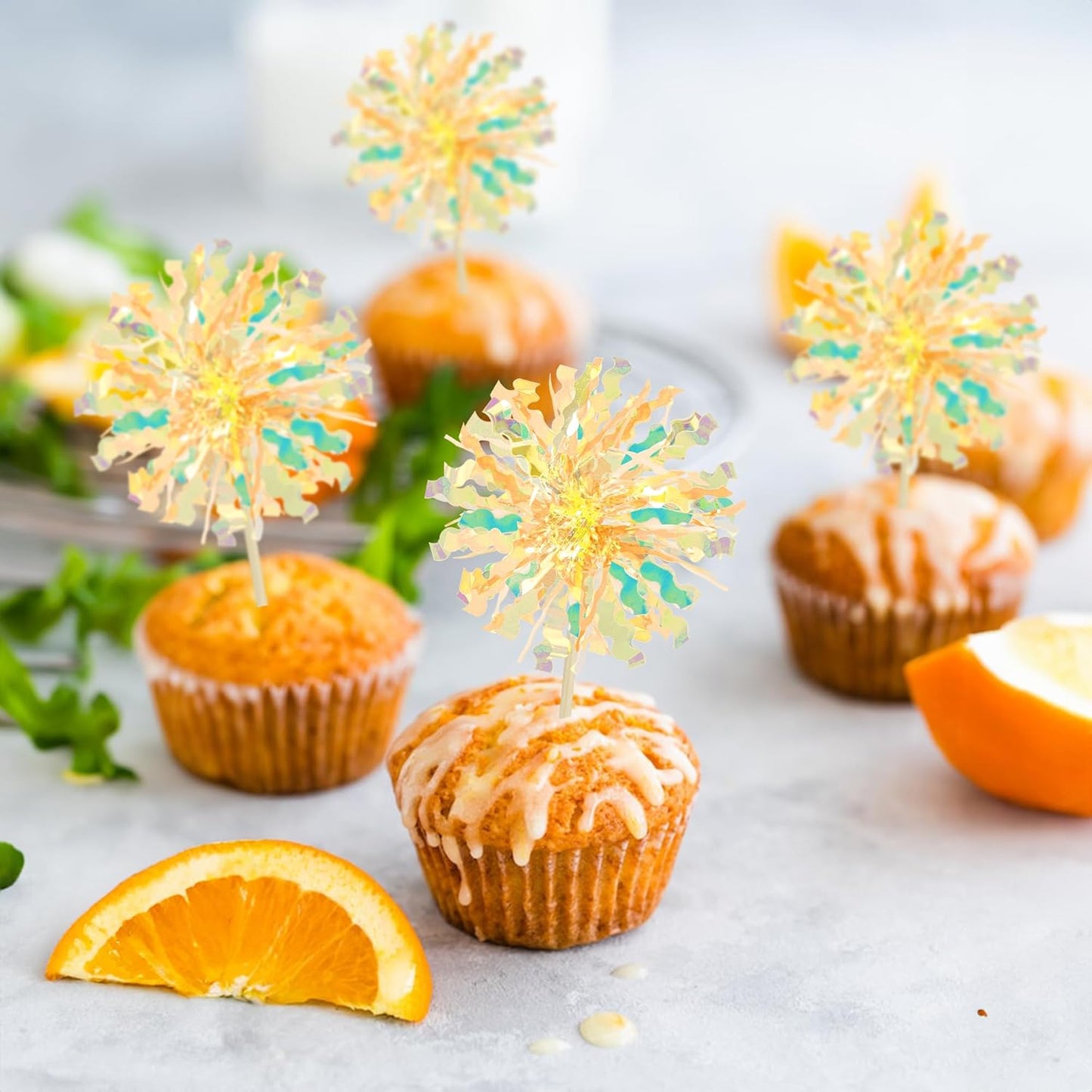 Ephlyn 30Pcs Foil Firework Cupcake Toppers Sparkle Tinsel Cupcake Picks Drink Stirrers Cocktail Food Fruit Toothpicks for Baby Shower Graduation Party Supplies White