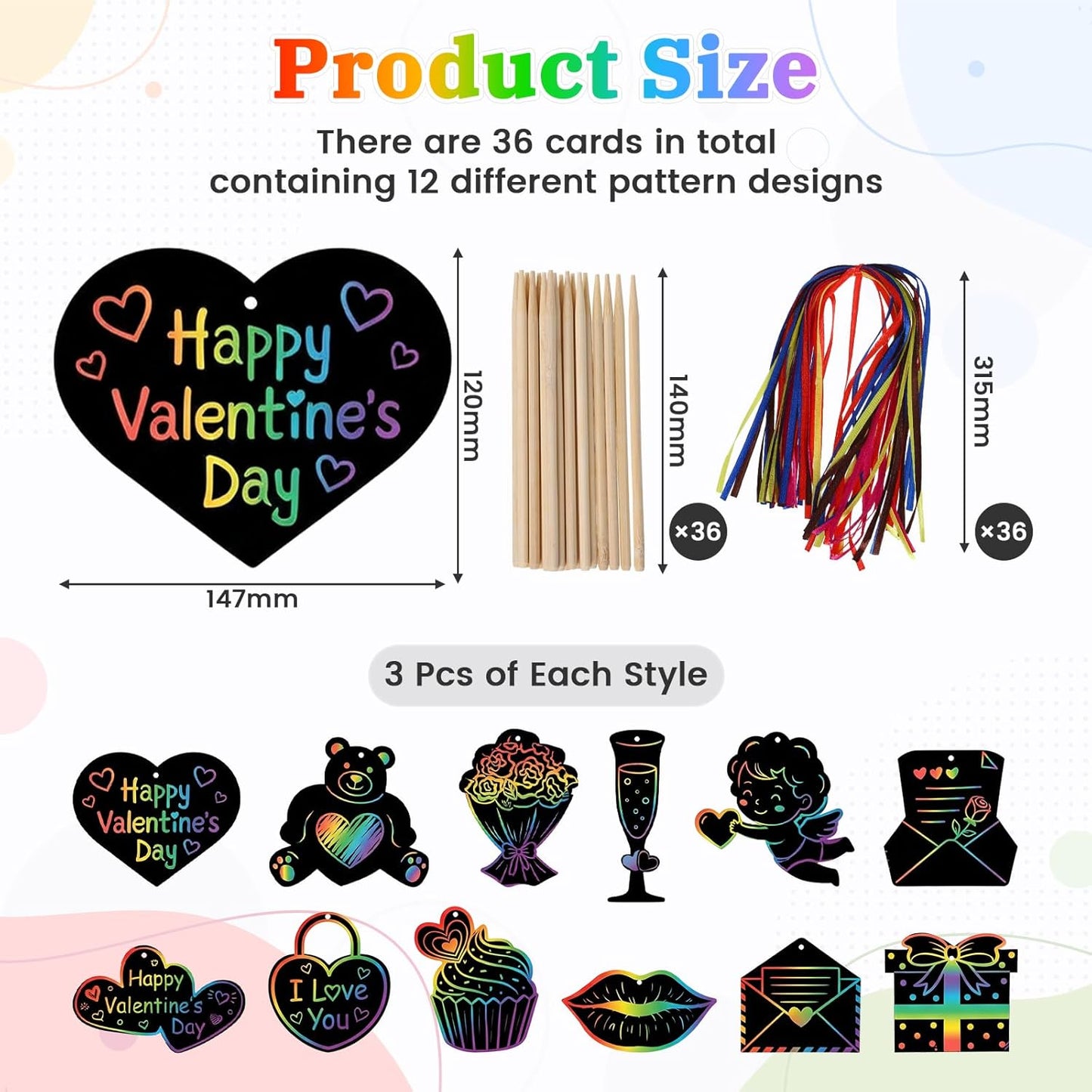 ShioShin 42 Pack Valentine's Day Rainbow Scratch Paper, DIY Rainbow Scratch Art, Scratch Art Party Favors with Wooden Styluses and Pieces Ribbons, Valentines Crafts for Creative Gifts Holiday Decor