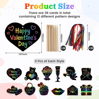 ShioShin 42 Pack Valentine's Day Rainbow Scratch Paper, DIY Rainbow Scratch Art, Scratch Art Party Favors with Wooden Styluses and Pieces Ribbons, Valentines Crafts for Creative Gifts Holiday Decor