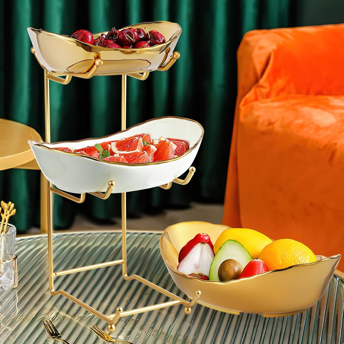 Ceramic Fruit Bowl for Kitchen Counter - 3 Tier Fruit Basket with Metal Stand, Tiered Fruit Stand for Countertop, Snack, Nuts, Cake, Dessert, Cute (Gold, Small) 1