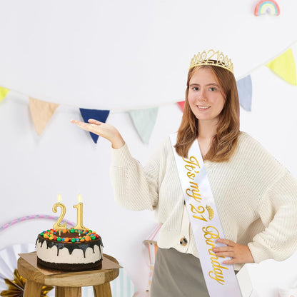 21st Birthday Decorations for Her with 21st Birthday Sash and Crown, Candles Gold, Gifts for 21 Year Old Girls