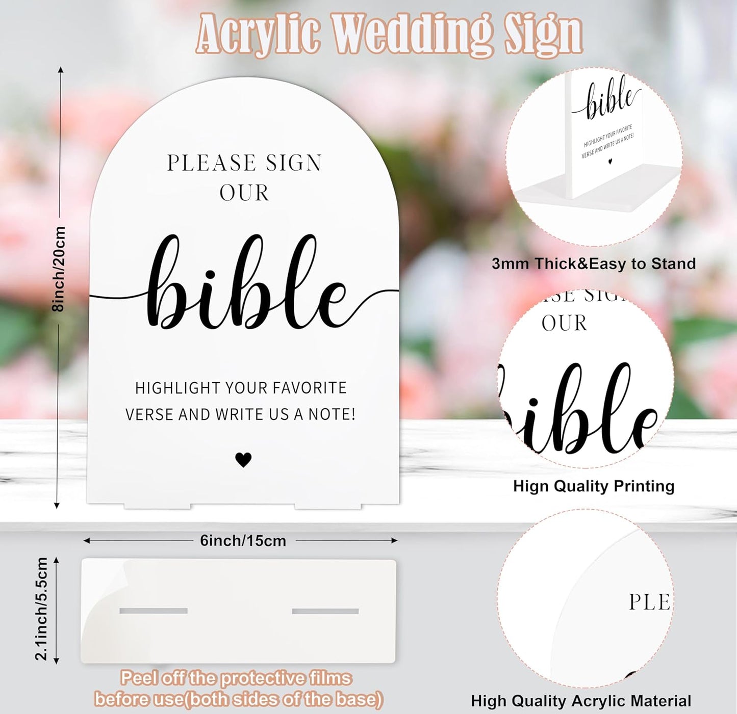 Sign Our Bible Wedding Sign, White Acrylic Wedding Guest Book Sign, Bridal Shower Decor, Elegant Arch Acrylic Table Top Signs for Reception Marriage Engagement Party Decorations
