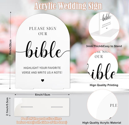 Sign Our Bible Wedding Sign, White Acrylic Wedding Guest Book Sign, Bridal Shower Decor, Elegant Arch Acrylic Table Top Signs for Reception Marriage Engagement Party Decorations