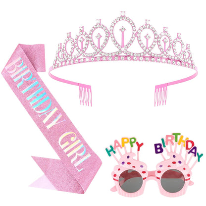 YARIEW 3rd Birthday Decorations, 3rd Glitter Purple Sash and Crown Kit with Happy Birthday Sunglasses, Tiara Princess Crown and Sash Party Outfit Accessory
