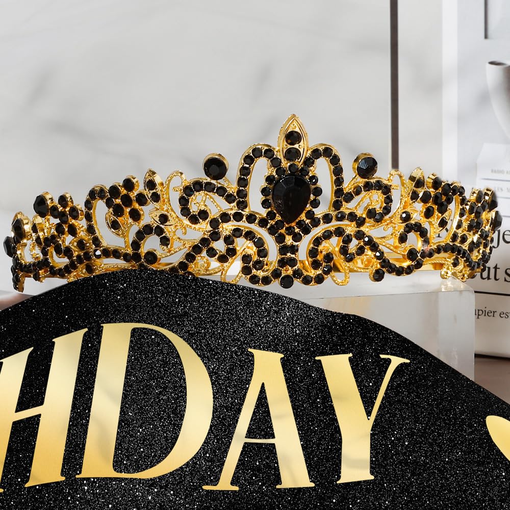 Birthday Sash for Women,Birthday Crown Tiaras for Women,Gold Rhinestone Queen Sash and Crown Tiara Headband for Party Decorations