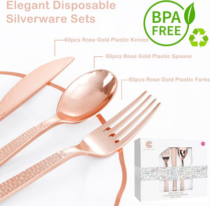 Supernal 180Pcs Silver Plastic Silverware Set, Elegant Hammered Design Heavy Duty Disposable Cutlery, Includes 60 Forks, 60 Knives, 60 Spoons,Silver Plastic Utensils for Wedding, Parties,Events