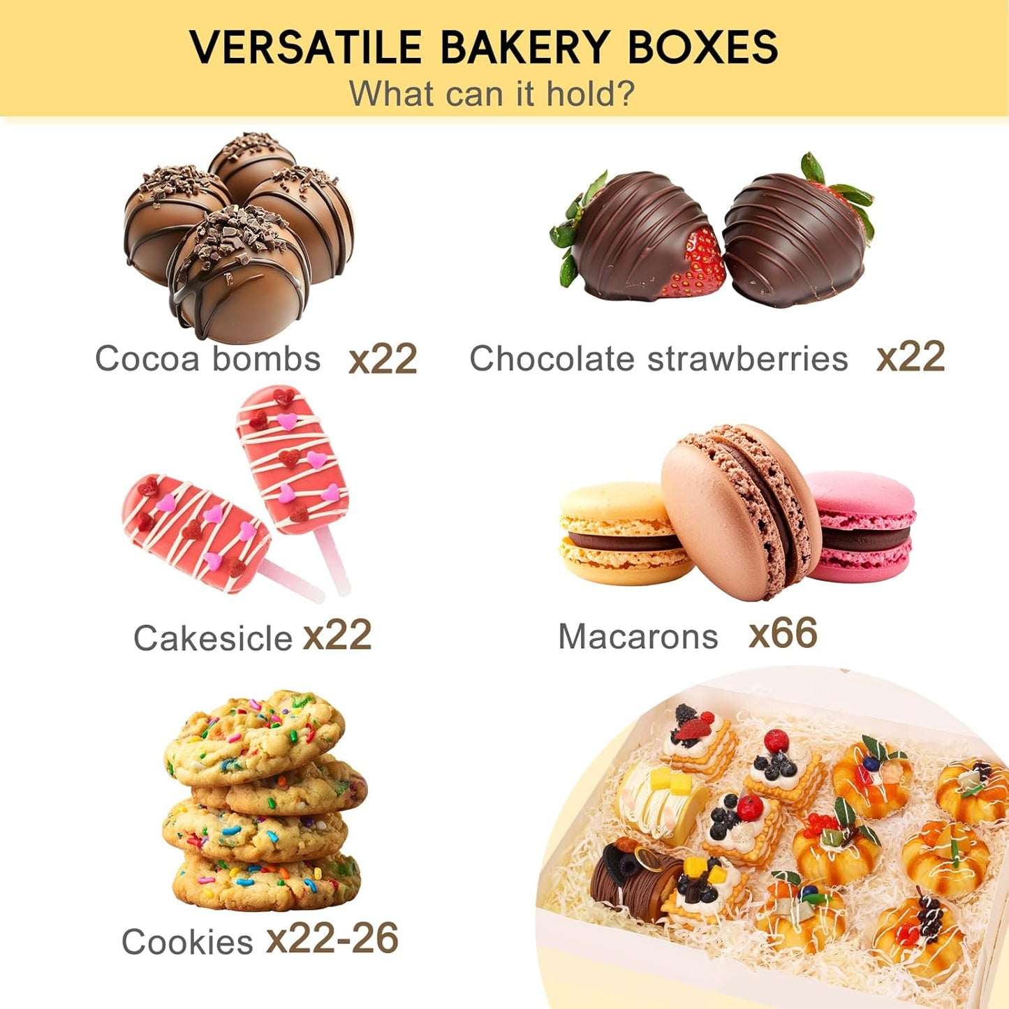 Moretoes 40pcs Large Bakery Boxes, 16x11x2.5 Inches Auto-Popup Cookie Boxes with Window for Donuts, Treats, Pastries, Pies, Muffins, Chocolate Covered Strawberries