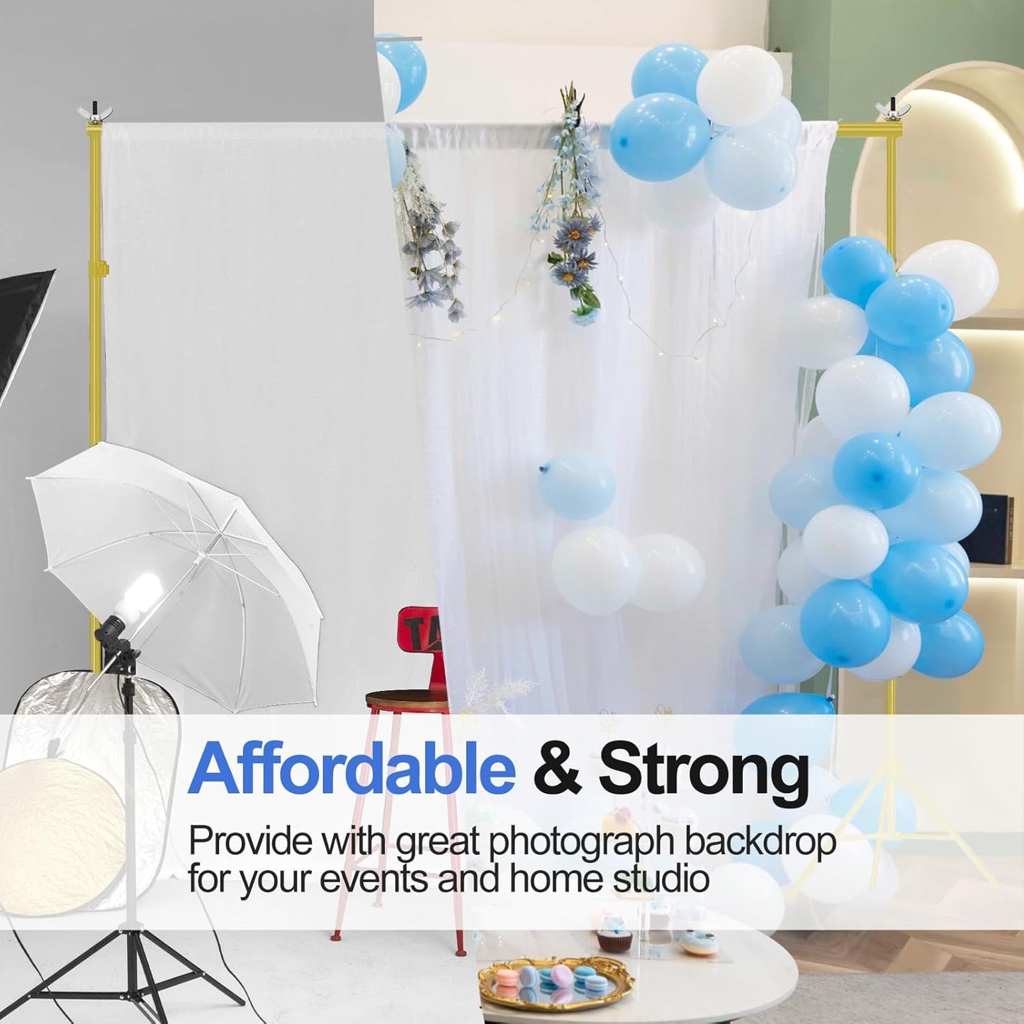 EMART Backdrop Stand 10x7ft(WxH) Photo Studio Adjustable Background Stand Support kit with 2 Crossbars, 8 Clamps, 2 Sandbags and Carry Bag for Parties, Events Decoration, Wedding, Photography -White