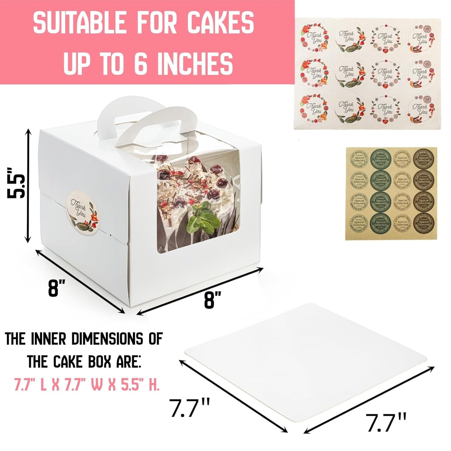 40 Pack Cake Boxes with Boards (20 Boxes + 20 Boards), 8 x 8 x 5.5 Inch Bakery Boxes with Clear Window, Stickers, Disposable Tall Square Cake Container for Cake, Donut, Pie