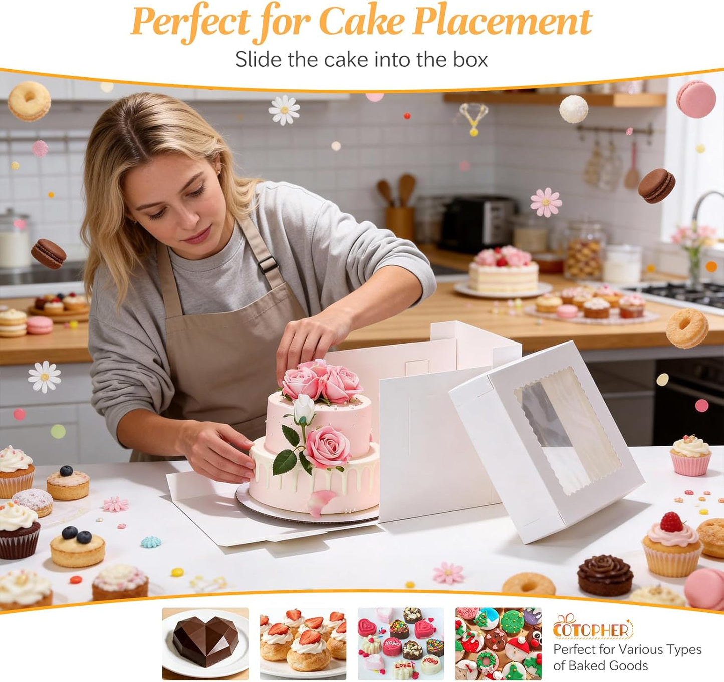 COTOPHER 50 Pcs Cake Boxes 8 Inch, 8x8x5 Inches Cake Containers (25 Boxes & 25 Boards), White Bakery Boxes with Windown for Cookies, Desserts, Cupcake, Pastries, Birthday, Wedding, Mother's Day