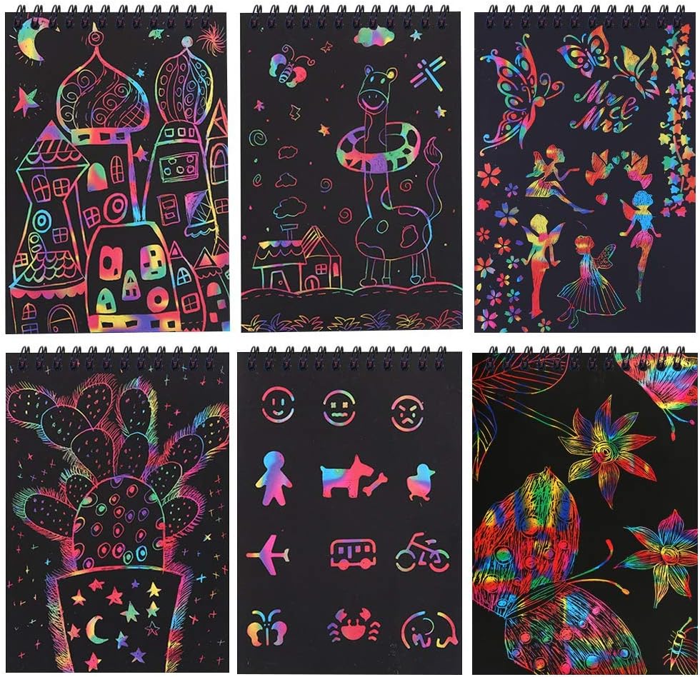 POKONBOY 16 Pack Scratch Arts and Crafts Notebooks, Scratch Note Pads for Kids Rainbow Party Favors Coloring Books for Kids Art Party Supplies Stocking Stuffers（16 Wooden Stylus & 4 Drawing Stencils）