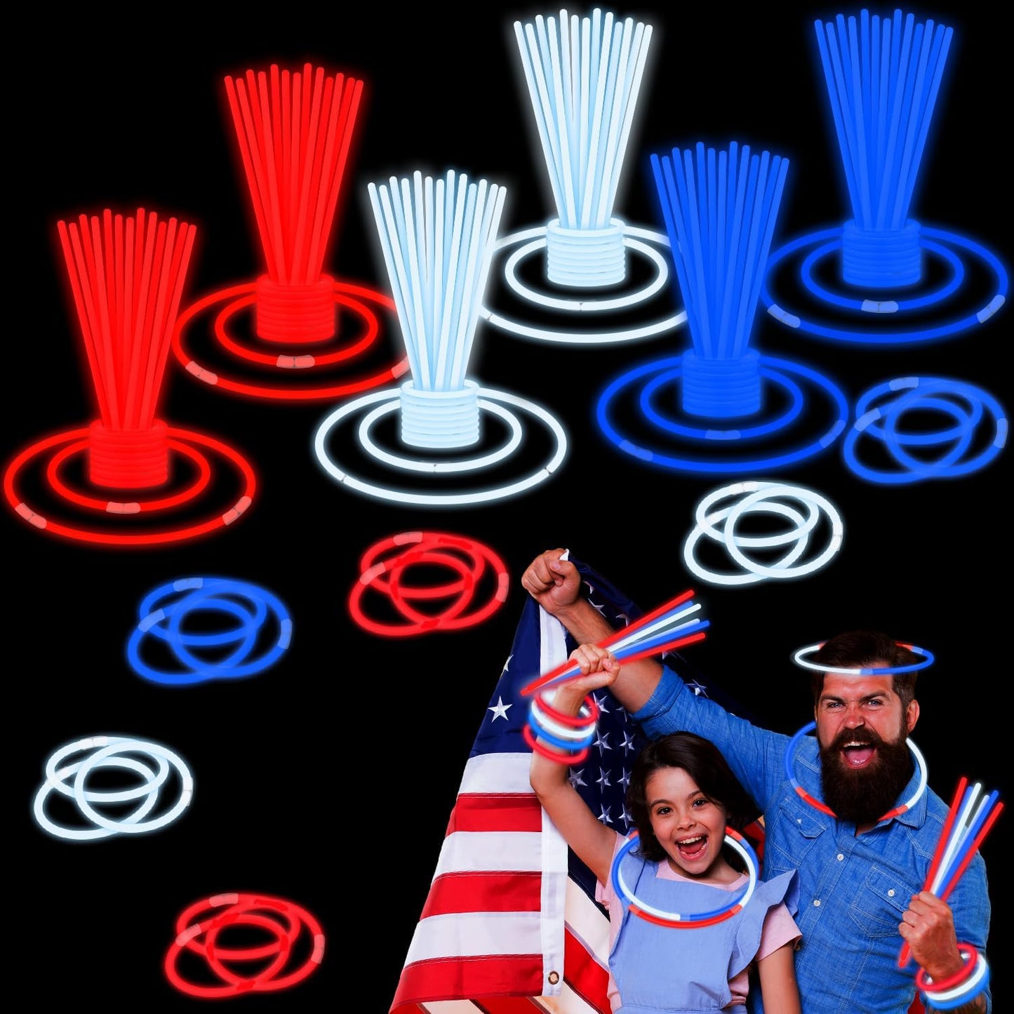 Bulk Patriotic Red White Blue glow sticks 300 PCS,Light up Bracelets Necklaces Accessories for Kids,Glow Party Favors Supplies Decorations for Independence Day, Fourth 4 of July Parade, Birthday, Pool