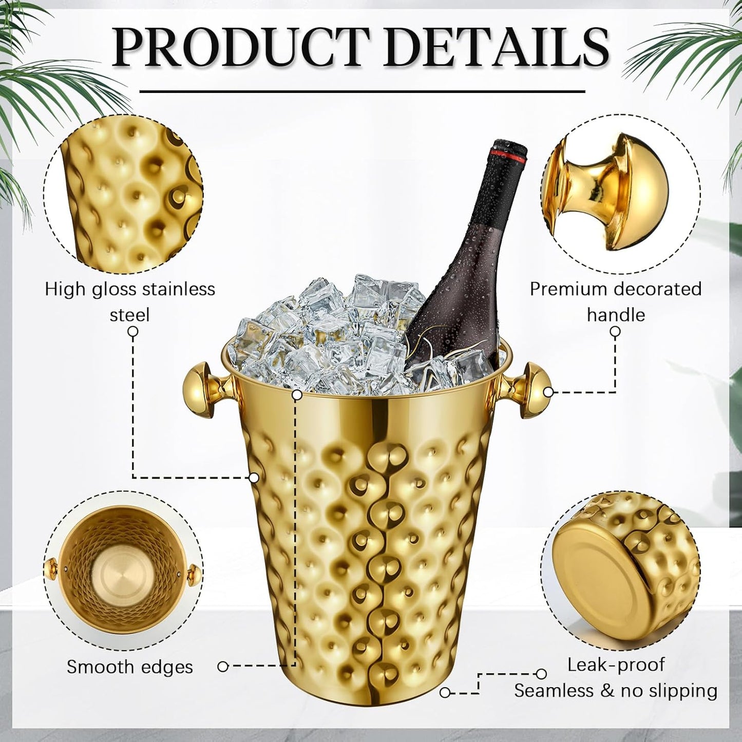 MorningRo 2 Pcs 5 Quart Black Champagne Ice Bucket 4.7 L Metal Doublewall Hammered Stainless Steel Wine Beer Chiller Home Bar Accessories for Football Sports Wedding Party Summer BBQ (Beveled Mouth)