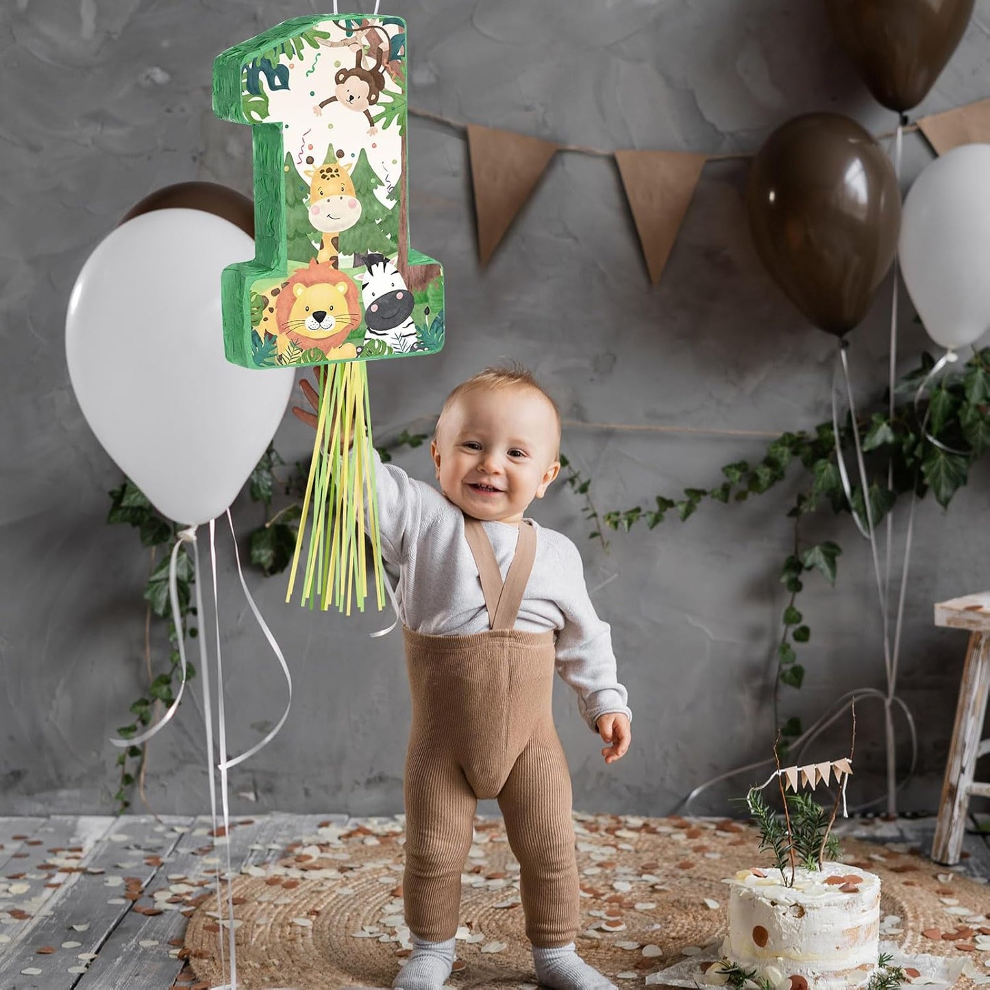 Wild One Piñata Number 1 Pull String Mini Piñata with Blindfold Bat Confetti Wild One 1st Birthday Party Decorations Safari Jungle Party Supplies 16.1 x 10.9 x 2.76 Inch