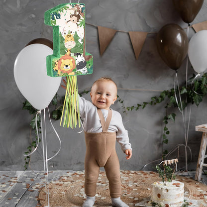 Wild One Piñata Number 1 Pull String Mini Piñata with Blindfold Bat Confetti Wild One 1st Birthday Party Decorations Safari Jungle Party Supplies 16.1 x 10.9 x 2.76 Inch