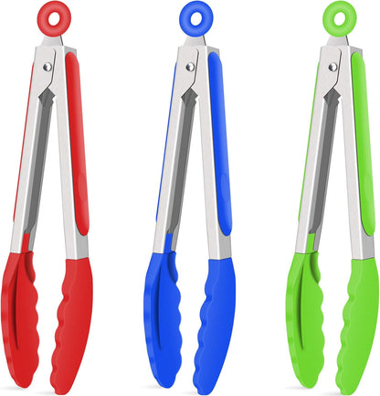 Hotec Mini Silicone Kitchen Tongs for Cooking - 7-Inch Small Serving Tongs with Silicone Tips, Set of 3 (Blue)