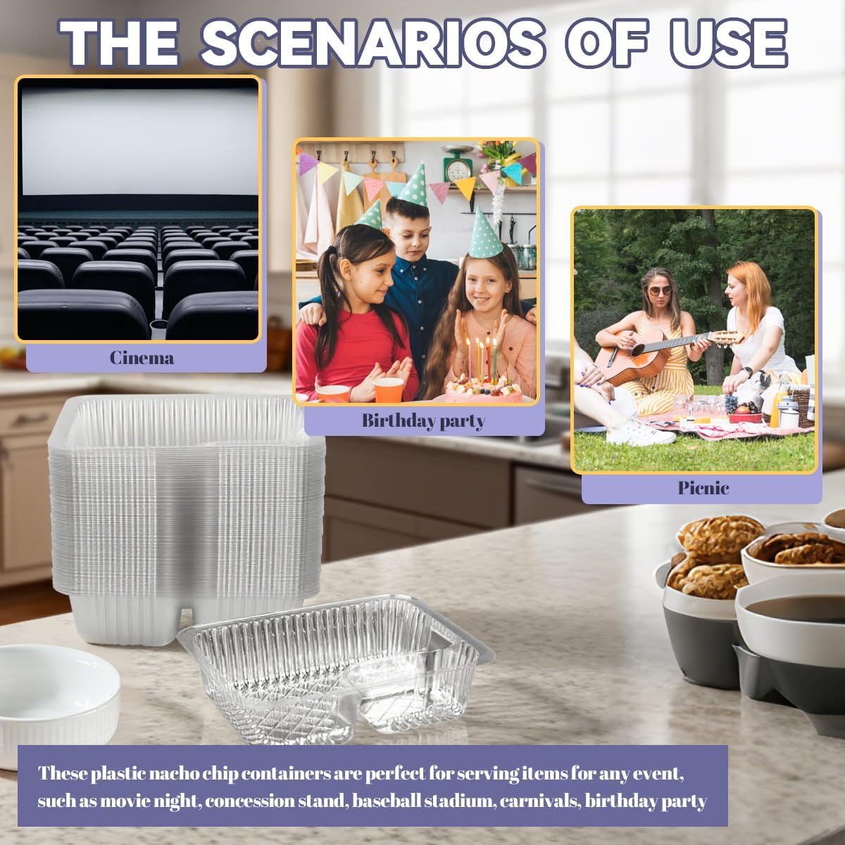 200 Pcs 12oz 6.5''x5'' Plastic Nacho Trays, Small Disposable Tray for Nachos & Cheese Dip, Clear Nacho Containers for Chip, 2 Compartment Movie Night Snack Trays Great for Snacks, Fair Foods