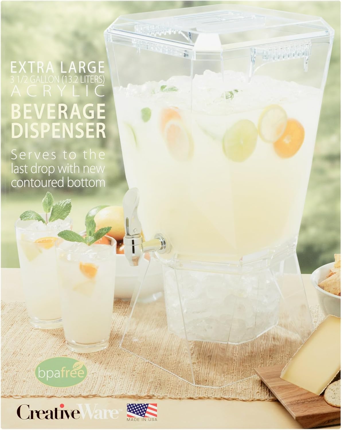 CreativeWare Crown Beverage Dispenser with Base and Name Clip, 3.5 gallon, Clear